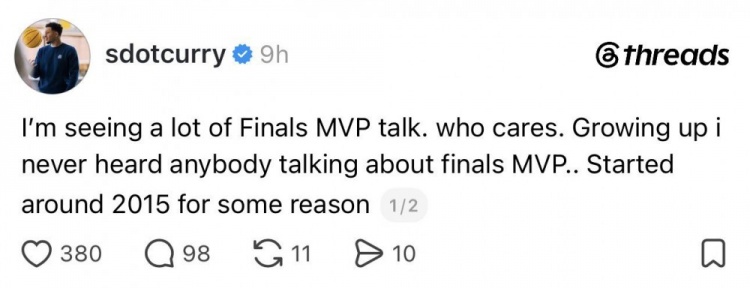 赛斯·库里:2015年前没人讨论FMVP 社媒暗讽奖项炒作 赛斯·库里:2015年前没人讨论FMVP 社媒暗讽奖项炒作