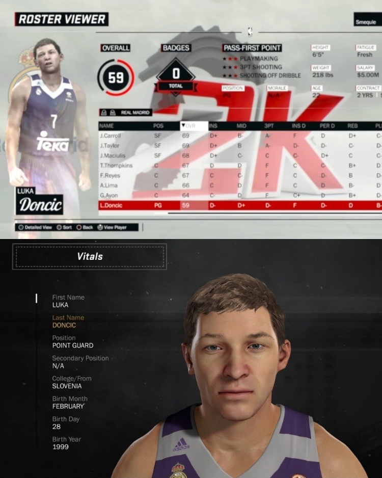 2K19首秀评分仅59,东契奇脸模遭调侃 2K19首秀评分仅59,东契奇脸模遭调侃